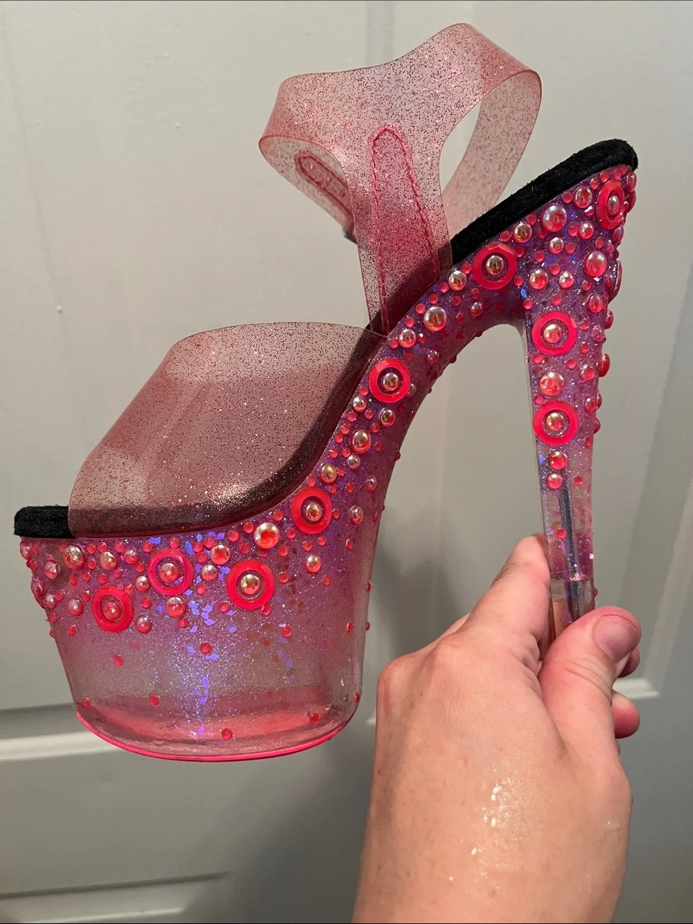 Sexy Pleaser Pink Glitter Platform Heels with Ankle Strap👠👠